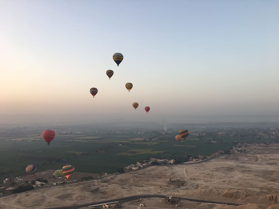 hot qi ball, egypt, the valley of the kings, desert, hot air balloon, mid-air, air vehicle, sky, balloon, nature