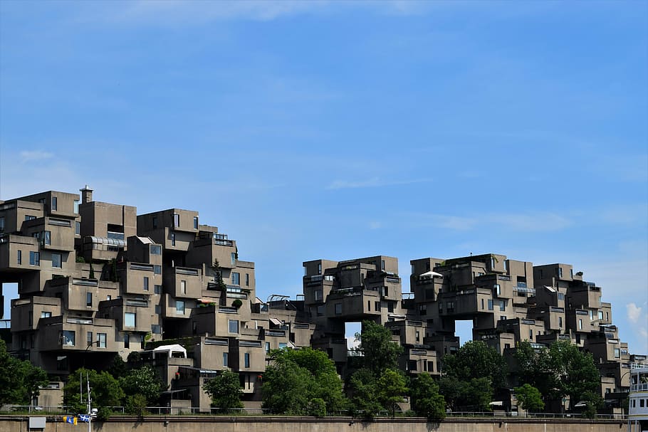 edificios de hormigón marrón, hábitat 67, hábitat, montreal, arquitectura, quebec, expo, complejo, 1967, viviendas
