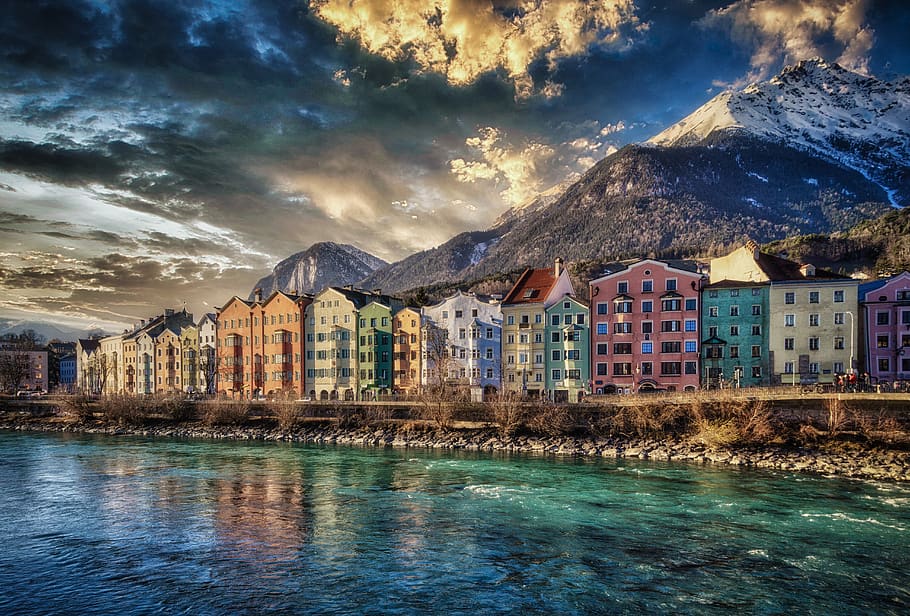 innsbruck, tyrol, austria, architecture, alpine, mountains, landscape, houses, snow, winter