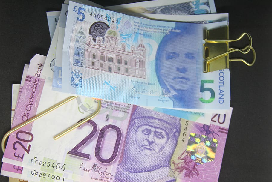 papel moeda, nota de banco, libra, britânico, nota de cinco libras, riqueza, nota de vinte libras, dinheiro, moeda, negócios
