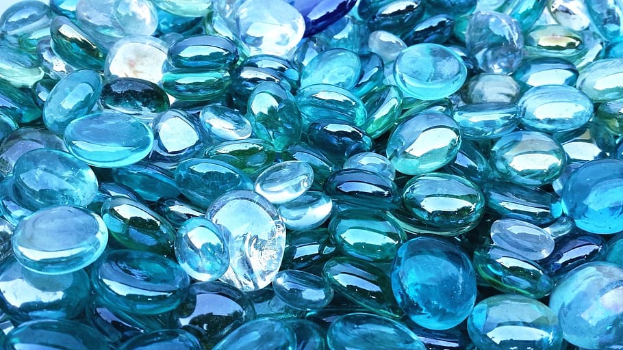blue glass stones, blue, green, crystal, glass, bright, transparent, winter, snow, light
