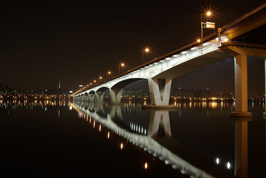 fotografia, branco, ponte, noturno, noite, Coréia do sul, cidade, marco, seul, coréia