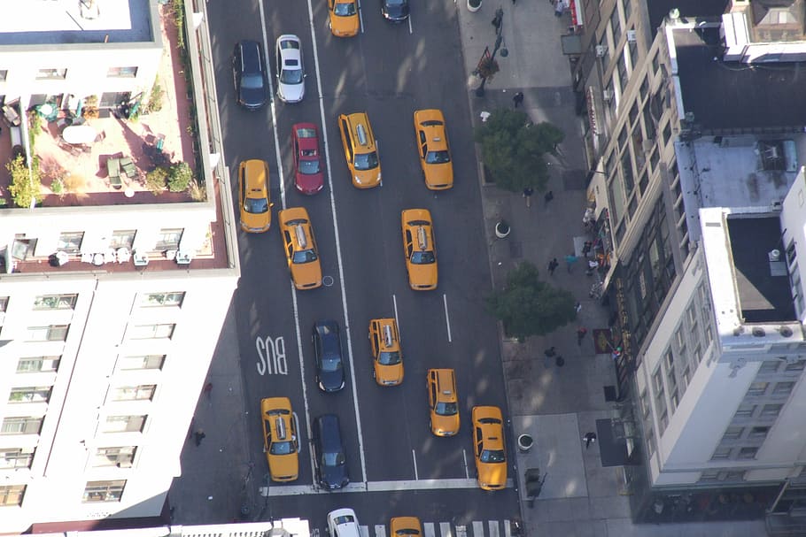 Nueva York, ciudad, calle, cielo, edificios, construcción, edificio, barrio, urbano, taxi