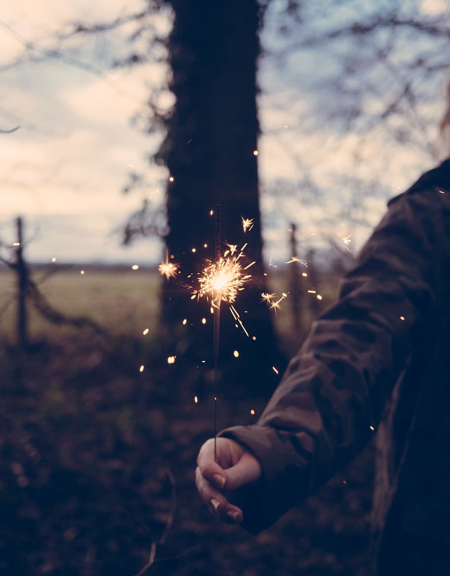 spark, people, fire, light, trees, nature, woman, hand, sparkler, burning