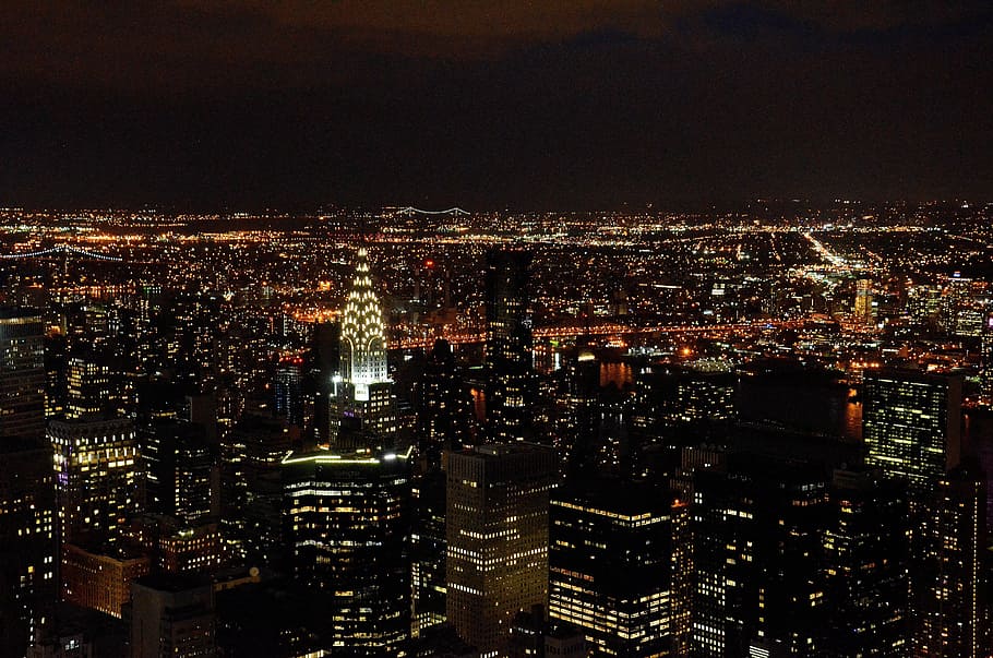 high, angle photography, city lights, chrysler building, new york, manhattan, city, big city, capital, skyscraper