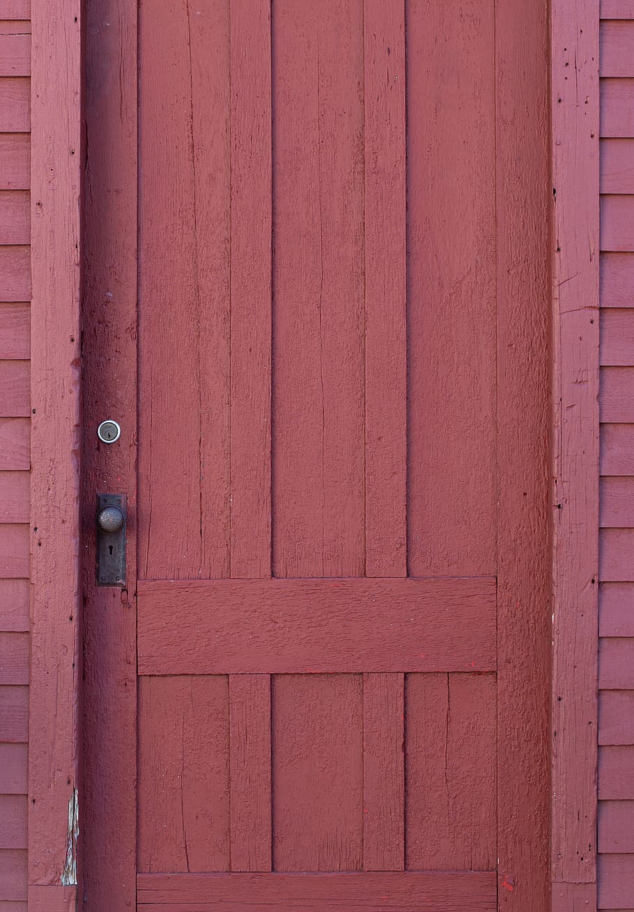 merah, pintu, kayu, bangunan, gudang, pedesaan, masuk, eksterior, lama, dilukis