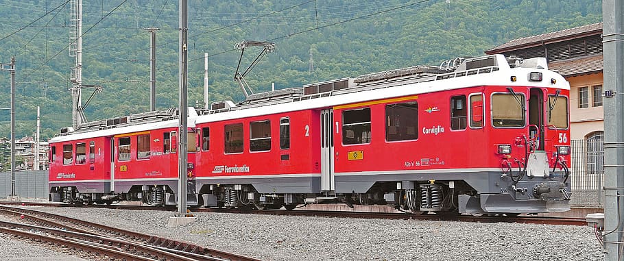 red, white, train, rail, bernina railway, rhaetian railways, rhb, railcar locomotive, double pack, set is coupled