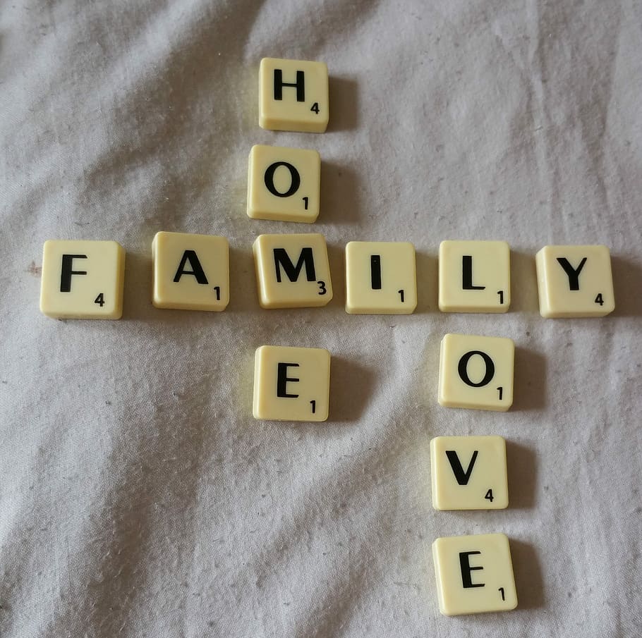 Scrabble, Familia, Hogar, Amor, Azulejos, alfabeto, mayúscula, bloque de juguetes, número, interiores