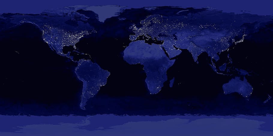 world map, night, city lights, earth, world, lighting, globe, global, continents, map