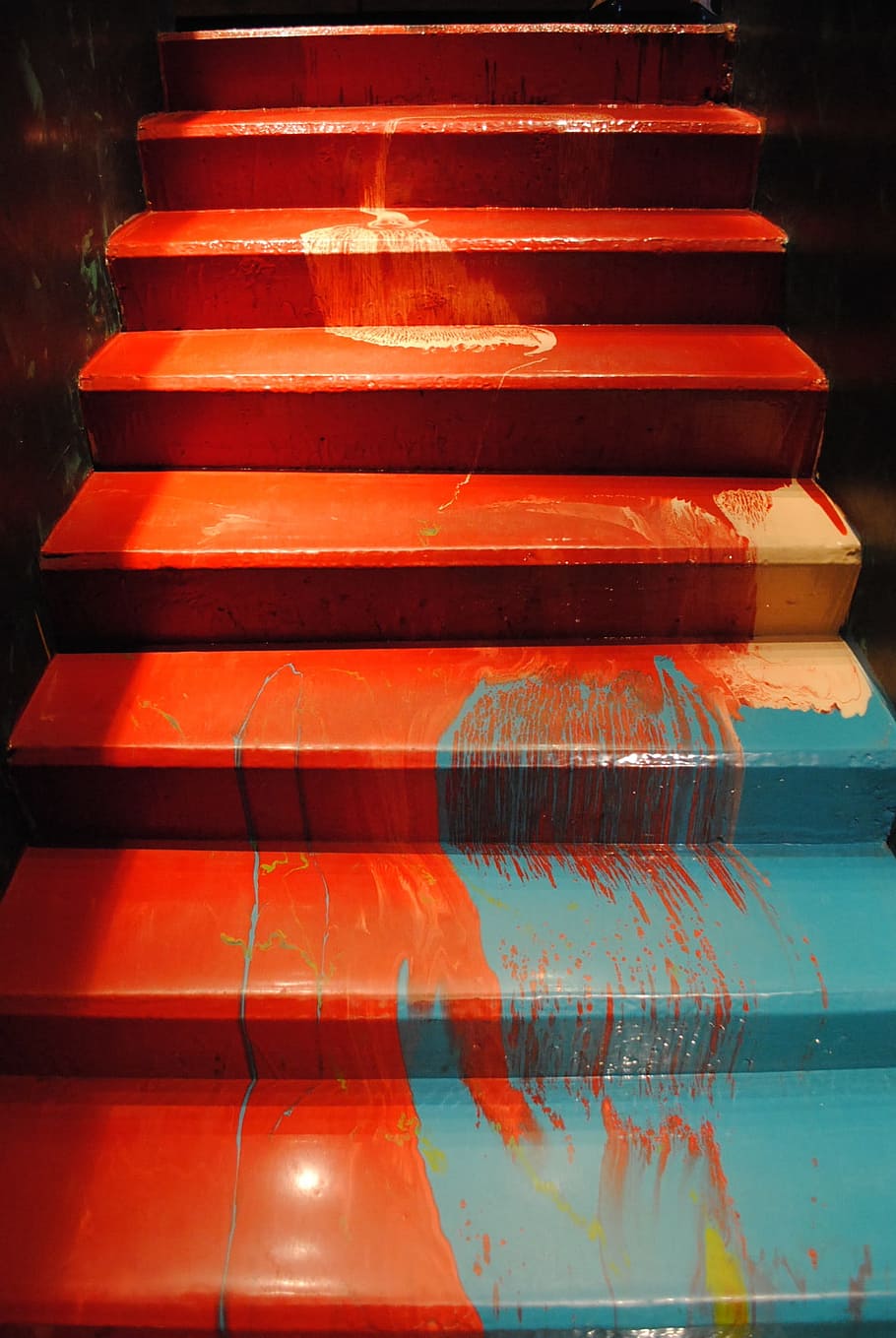 etapa, escalera, pintura, arriba, abajo, levantamiento, otoño, rojo, azul, resumen