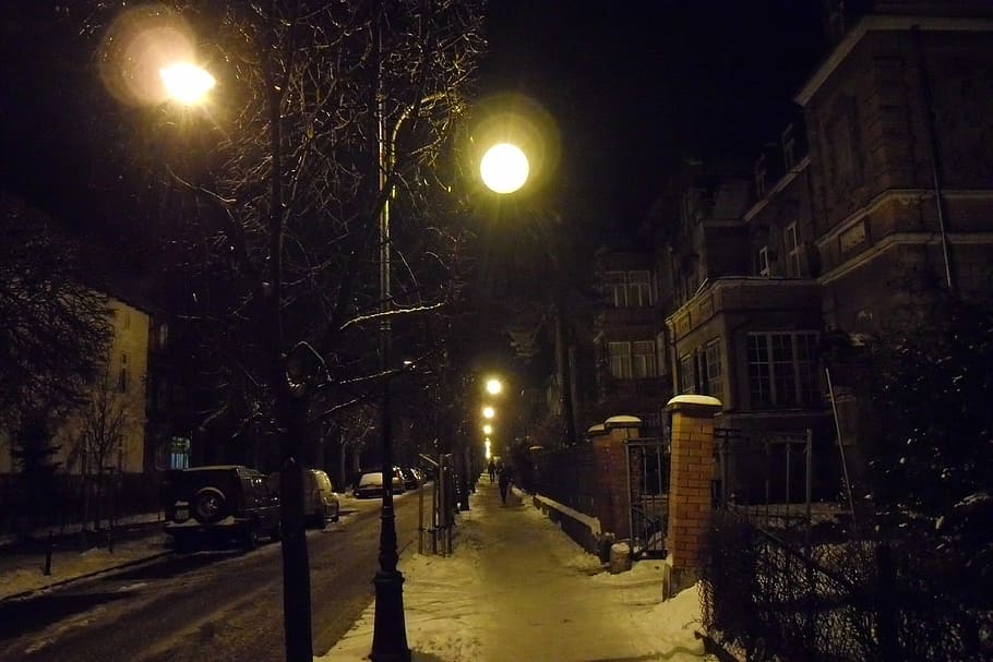 Gdansk, Polandia, Kota, Perkotaan, malam, bangunan, jalan, luar, musim dingin, salju
