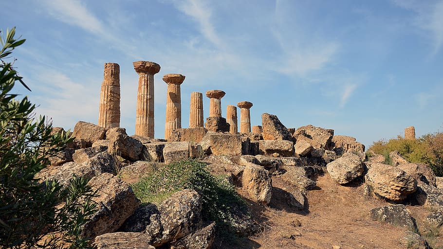 古代の柱石, シチリア, 遺跡, 神殿の谷, 歴史, 過去, 建築, 古代, 空, 古代文明
