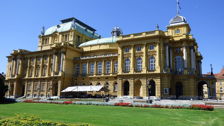 Zagreb, Croacia, nacional, teatro, arquitectura, construcción, neobarroco, del siglo XIX, 1895, exterior del edificio