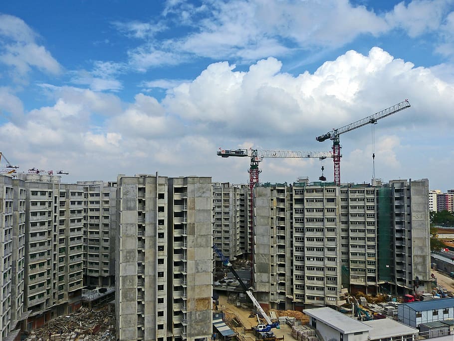 high-rise buildings, construction, crane, building construction, architecture, building, heavy equipment, metal, blue sky, building site