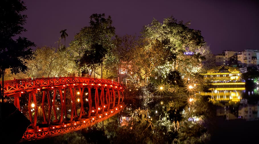 red metal bridge, thue huc bridge, hoan kiem lake, ha noi, vietnam, evening lights, scenery, illuminated, night, tree