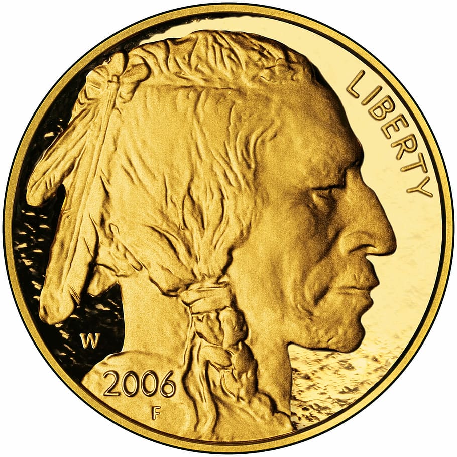 close, 2006 buffalo nickel, close up, Buffalo Nickel, coin, gold, 24 karat, nickel, indians, head