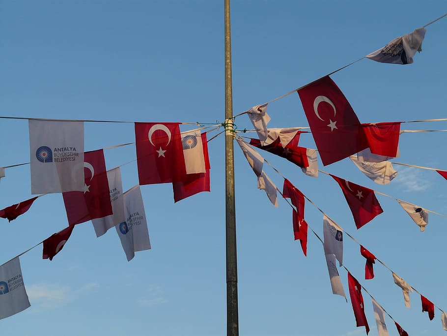Banderas, banderín, turco, Turquía, bandera, patriotismo, cielo, día, rojo, al aire libre