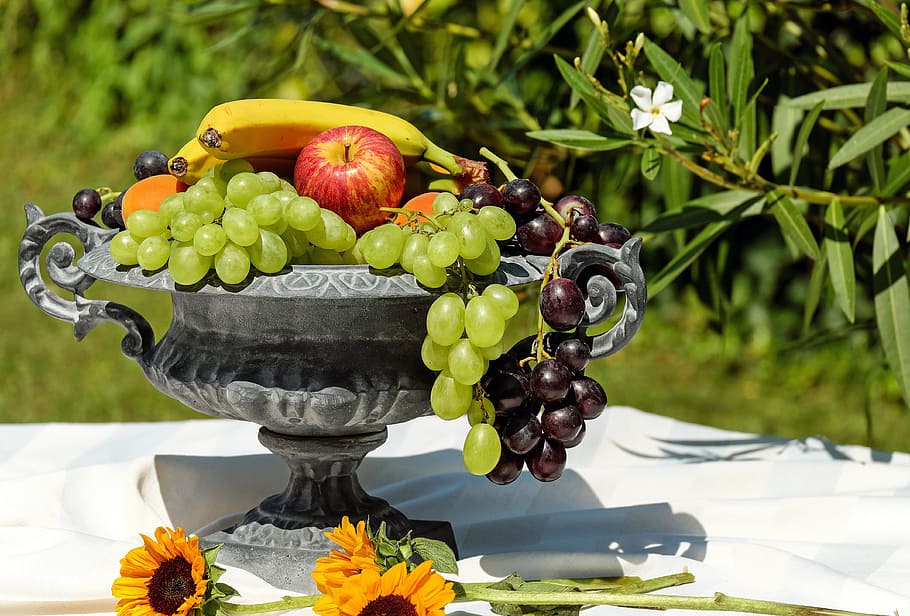 assorted, fruits, gray, metal, stemmed, tray, fruit bowl, shell, fruit, healthy