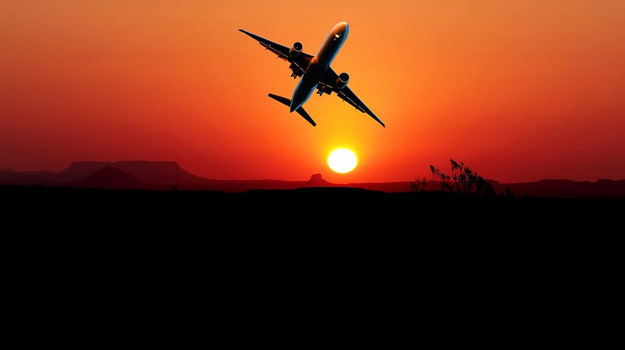 puesta de sol, avión, vuelo, alas, silueta, viajes, cielo, transporte, crepúsculo, tarde