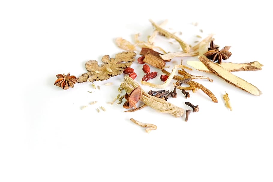 multicolored foods, chinese herbal medicine, culinary herbs, ingredients, studio shot, white background, still life, close-up, indoors, food and drink