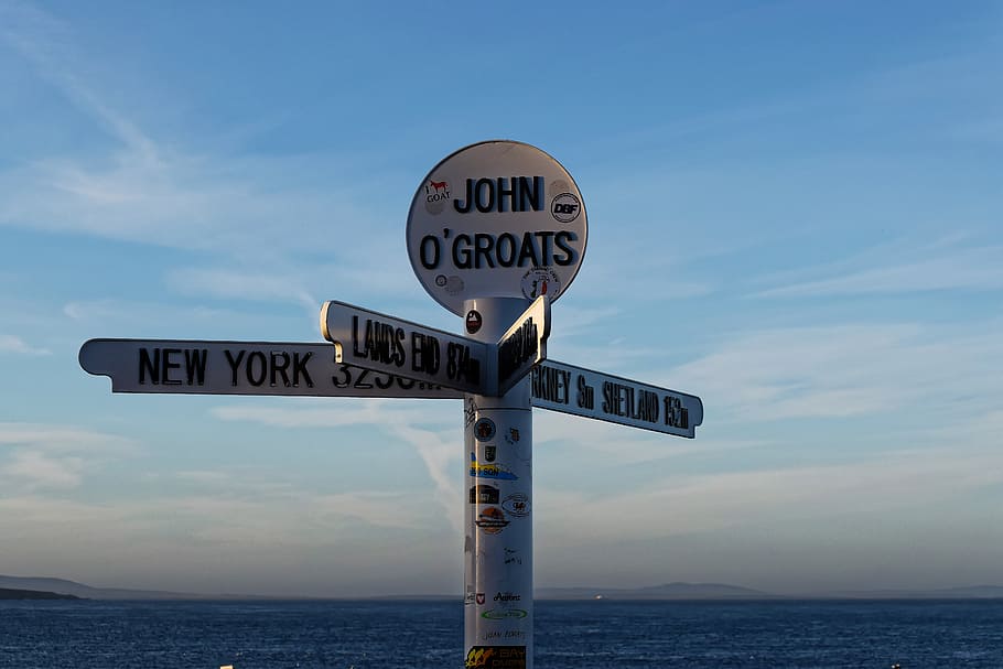 white signage, john o'groats, john o'groats signpost, attraction, britain, headland, signpost, tourism, uk, scotland