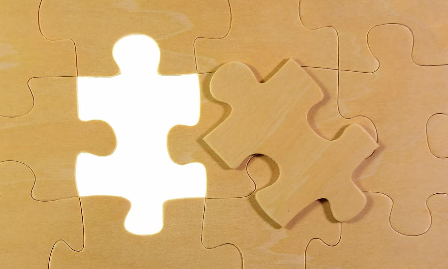 brown, jigsaw puzzle piece, puzzle, last part, joining together, insert, share, fit, piecing together, play