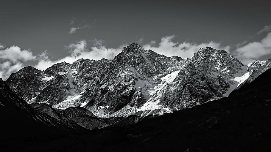 scenery, mountain, covered, snow, gray, scale, photography, black and white, landscape, nature