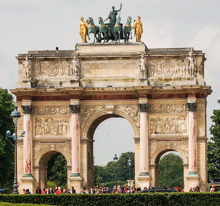 beige, archway gate, statue, arc de triomphe, france, paris, quadriga, columnar, arch, architecture