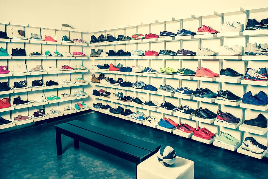 School, Aden, Sneakers, Shoes, Shelf, school aden, spot shoes, selection, in a row, retail