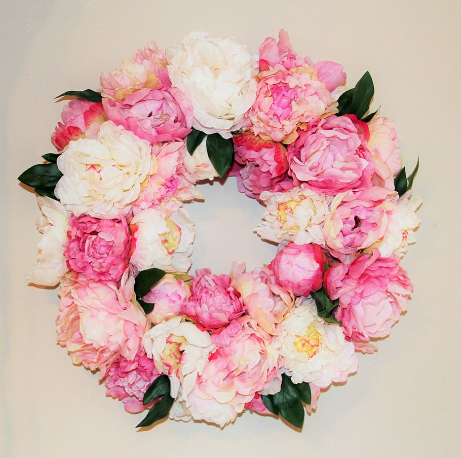 close-up photo, pink, white, peonies wreath, pink, white, and green, floral, wreath, wall, floral wreath, decorative