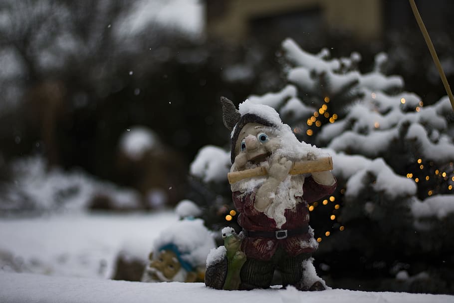 gnome, dwarf, snow, winter, white, bokeh, nature, lights, christmas, cold temperature