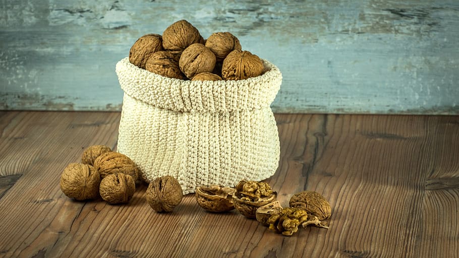 bunch, nuts, knitted, basket, crop, bag, brown, health, background, composition