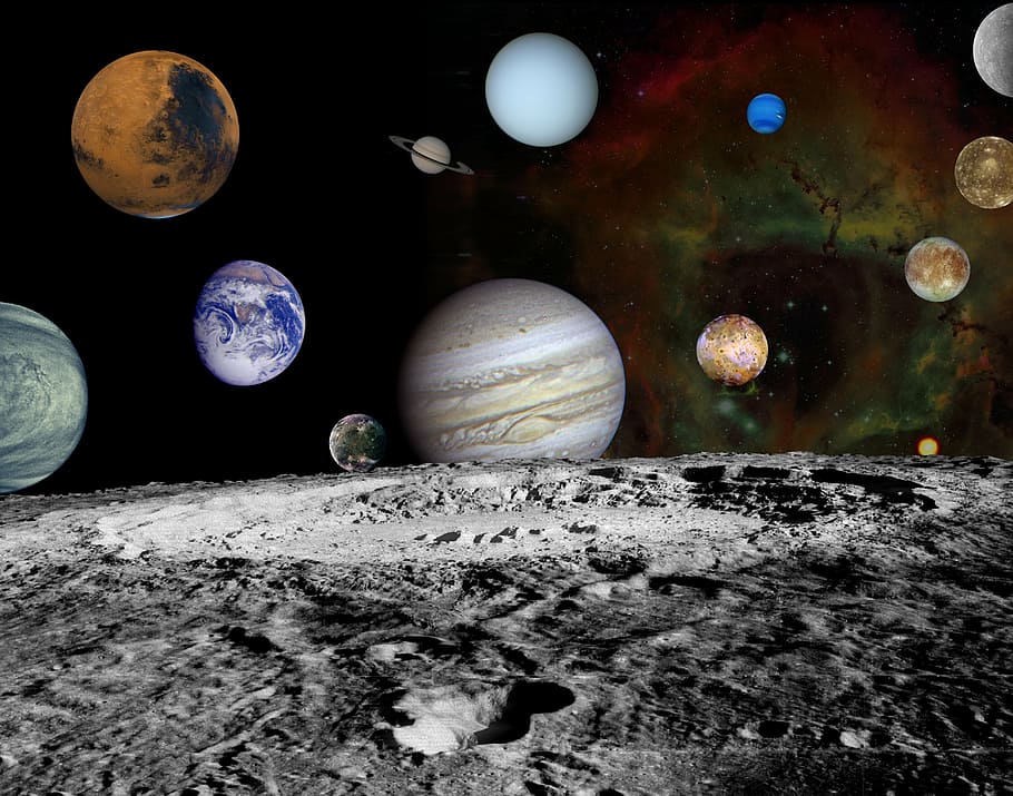 espacio, montaje, viajero, imágenes, naves espaciales, planetas, lunas, júpiter, saturno, urano