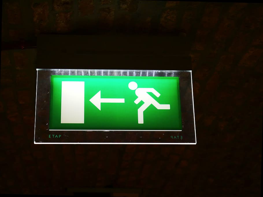 emergency exit, output, escape, flights, board, light board, exit, green color, illuminated, communication