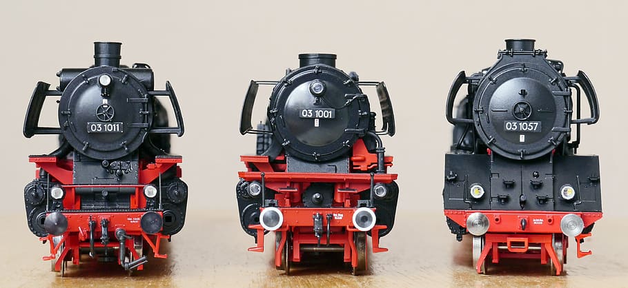 three, black-and-red train models, steam locomotive, models, parade, br 03-10, scale h0, db-old, db-new, dr reko