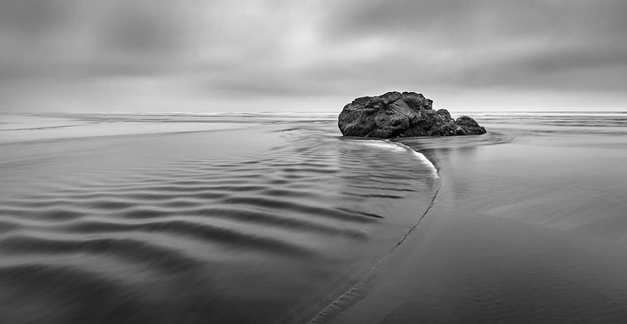 black and white, rock, sea, water, ocean, nature, beach, shore, sand, cloudy