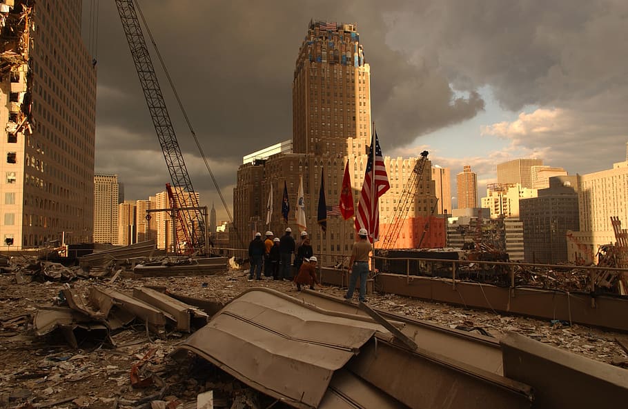 american flag, building, ground zero, world trade center, new york, ny, nyc, new york city, city, 2001