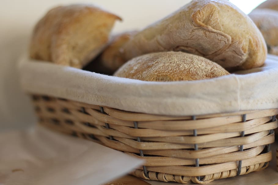 food, bread, basket, rye, rolls, container, food and drink, freshness, indoors, wicker