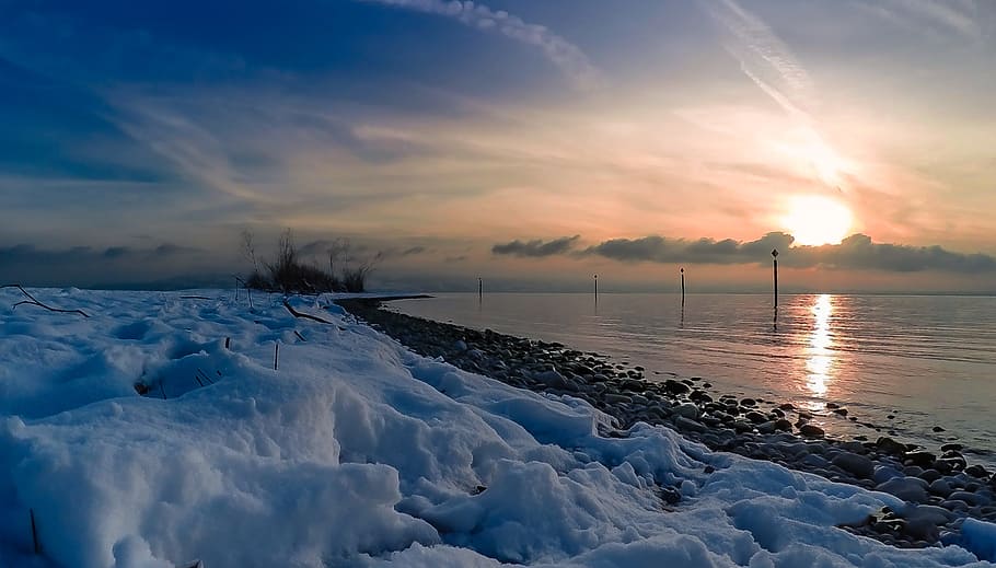 Winter, Lake Constance, Snow, Water, lake, nature, lonely, cold, sky, landscape