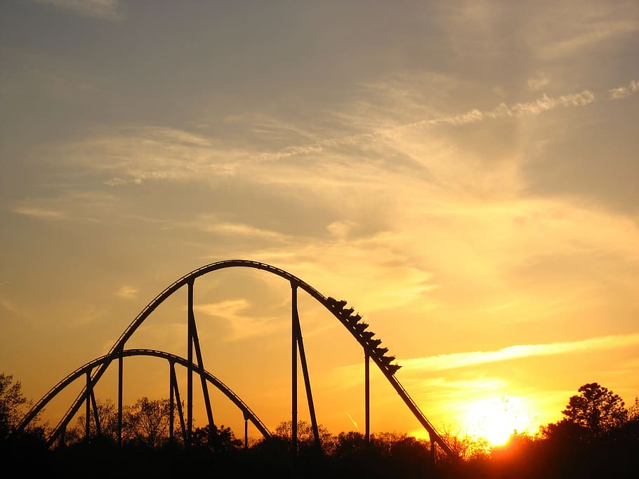 roller coaster, tree, sunset, ride, coaster, silhouette, rollercoaster, sun, theme park, amusement park