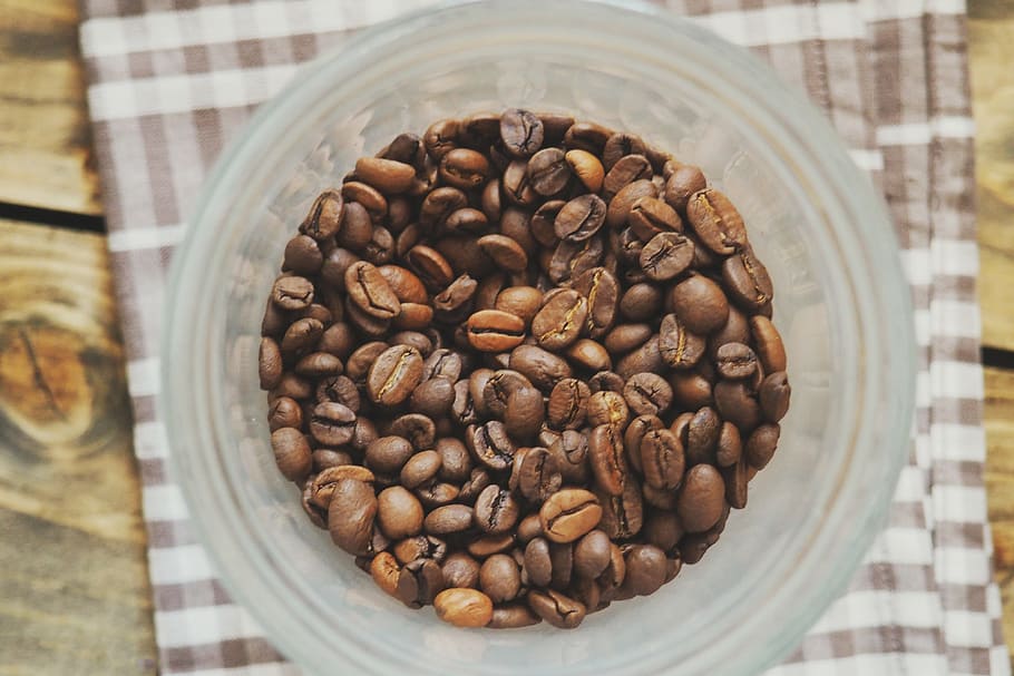 shot, coffee beans, bowl, Overhead, food/Drink, coffee, brown, bean, drink, caffeine