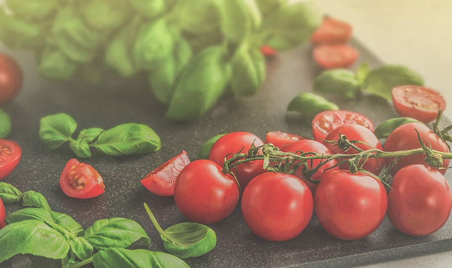 primer plano, foto, cereza, tomates, albahaca, alimentos, tomate, italiano, vegetal, saludable