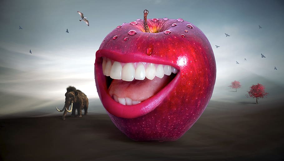 red apple illustration, fantasy, apple, red, mouth, tooth, laugh, red apple, funny, bite off