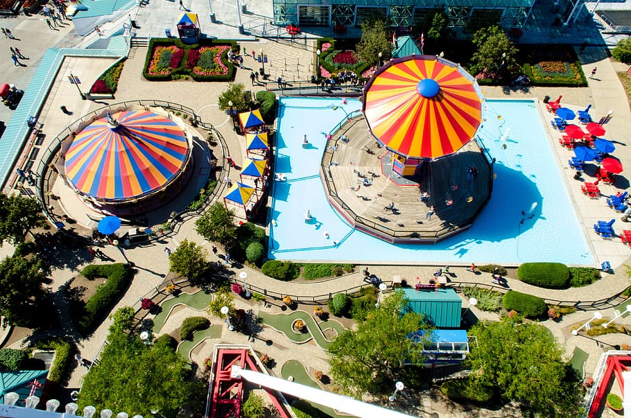 aerial, view photography, circus park, amusement park, amusement, park, aerial view, fun, merry-go-round, merry go round