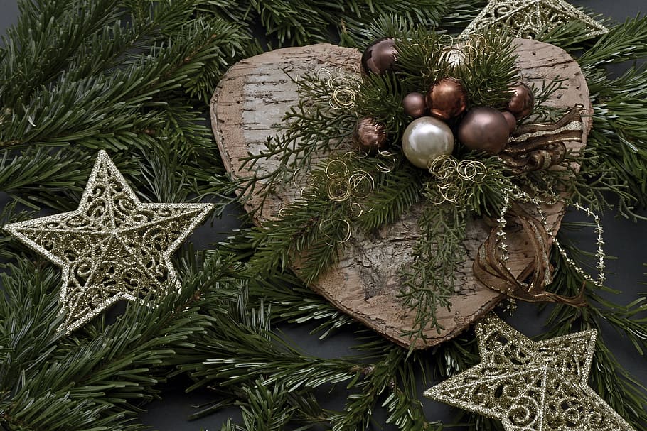 marrom, coração, de madeira, decoração da parede, coração de natal, natal, decoração, decoração de natal, advento, estrela