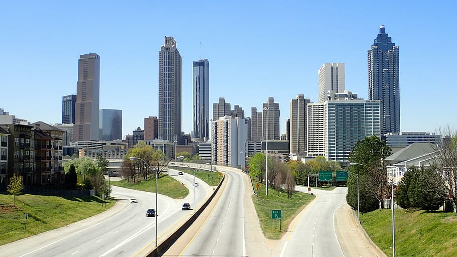 four, lanes, high, rise buildings, blue, sky, Atlanta, City, Roadway, Freeway