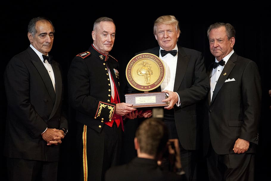 donald trump, holding, award, three, men, donald trump john, marine corps foundation, commandants, marine corps, joseph f dunford jr