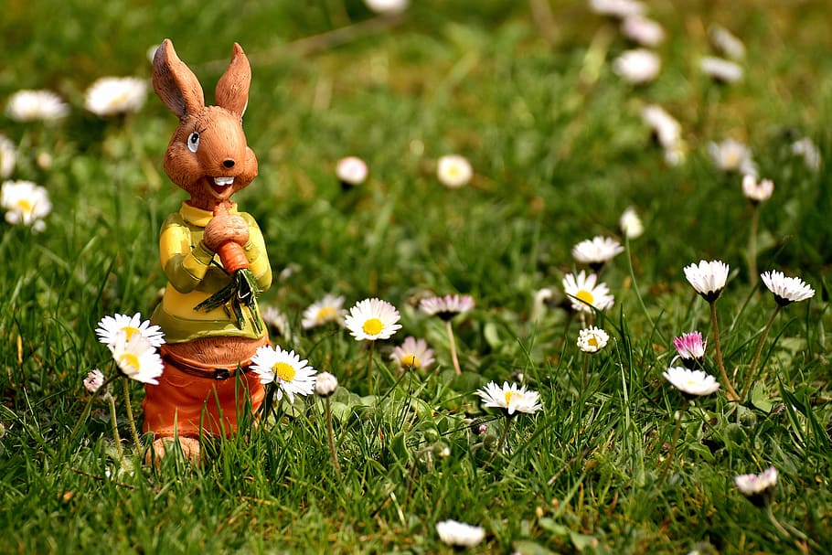 brown, rabbit figurine, grass field, hare, figure, ceramic, cute, decoration, funny, deco
