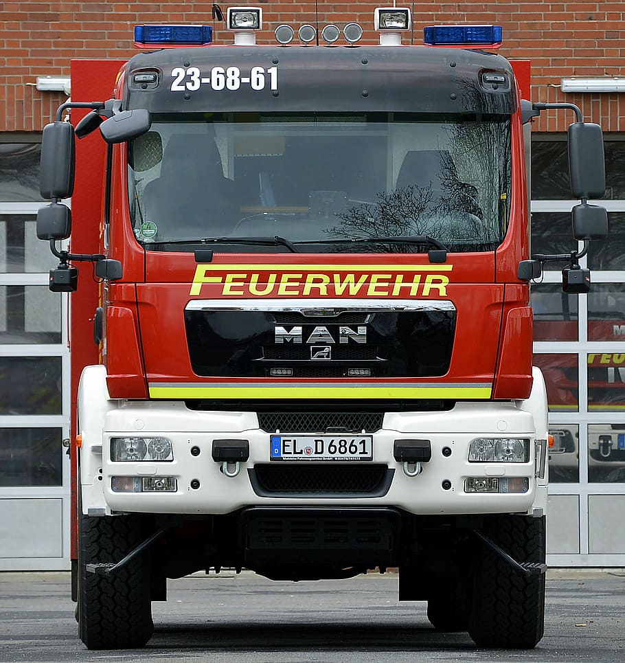 merah, truk manusia, jalan, truk pemadam kebakaran, mobil, api, lampu biru, emsland, sukarelawan, kendaraan