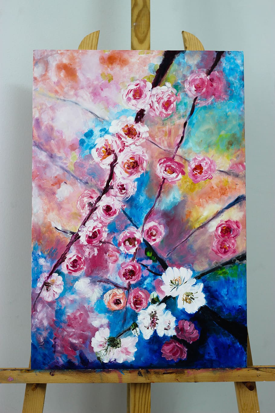 flower, oil painting, oil, tree, the leaves, white, green, red, pink, roses